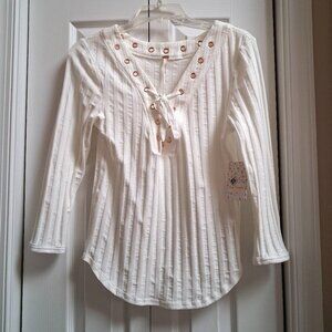 NWT FREE PEOPLE Women's White Ice Cold Lace Up Ribbed Top sz L